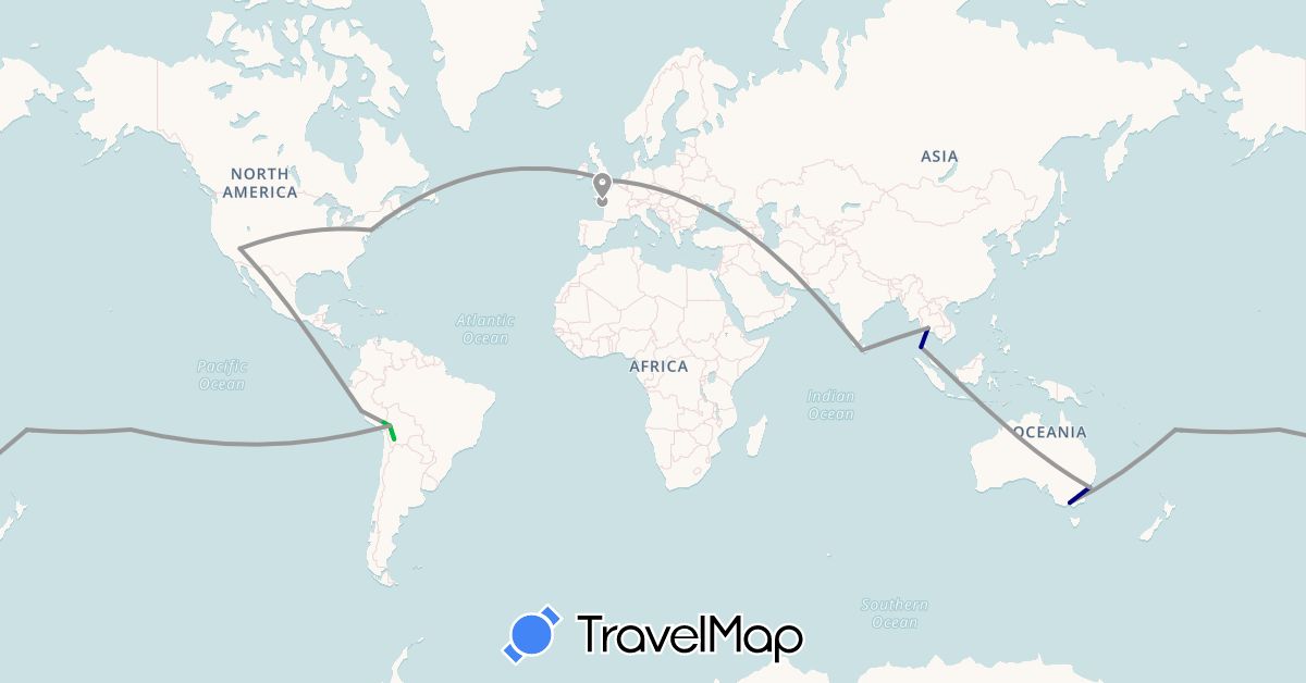 TravelMap itinerary: driving, bus, plane in Australia, Bolivia, Fiji, France, United Kingdom, Sri Lanka, Peru, French Polynesia, Thailand, United States (Asia, Europe, North America, Oceania, South America)
